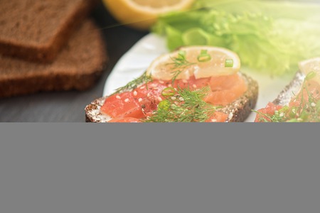 Homemade sandwich with salmon and rye bread , butter lemon, and lettuce for breakfastの写真素材