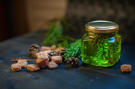 Fir tree bump jam on wooden backgroundの写真素材