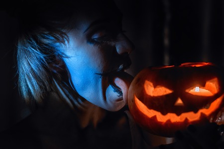 Horrible girl with scary mouth and eyes, halloween themeの写真素材