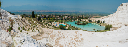 Pammukale, Turkey - July, 2015: panoramic view of Pammukale near modern turkey city Denizliの写真素材