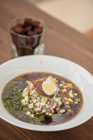 Traditional Russian kvass soup with vegetables - okroshkaの写真素材