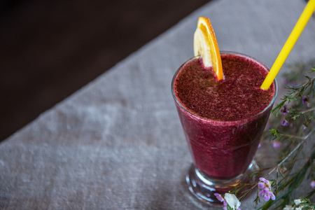 Fresh fruit smoothie from blueberry banana and orange juiceの写真素材