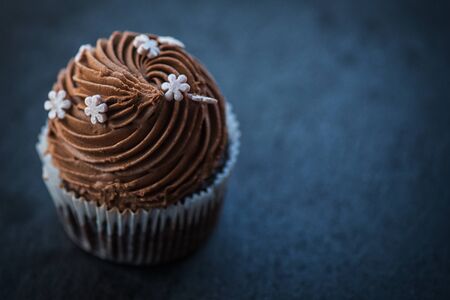 Chocolate cupcake desert cream on a stone backgroundの写真素材