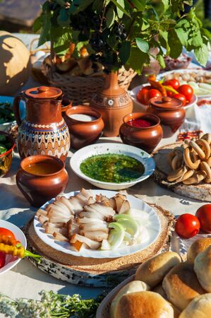 Russian table with traditional foodの写真素材