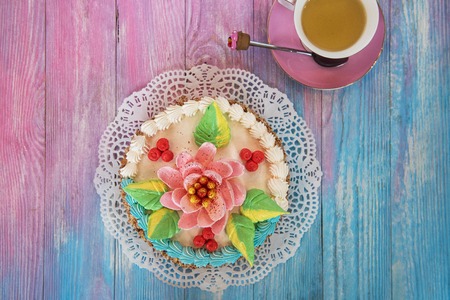 cakes on color background