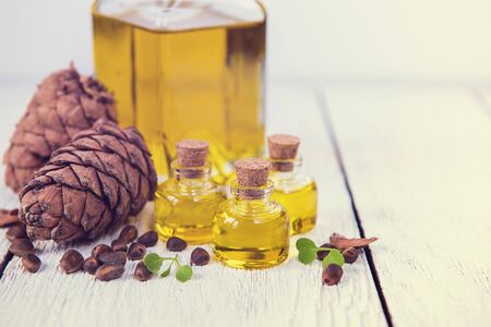The cedar oil in a glass bottleの写真素材