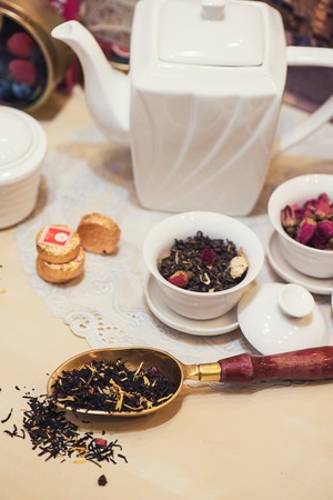 Diffferent tea set on tableの写真素材