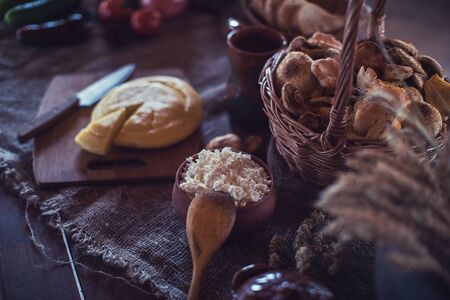 Organic domestic food: cheese , cottage cheese on rustic backgroundの写真素材