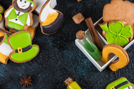 Homemade cookies for Patricks day on dark concrete backgroundの写真素材