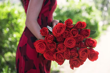 Female hands holding beauty bouquet of red roses on blurred green backgroundの写真素材