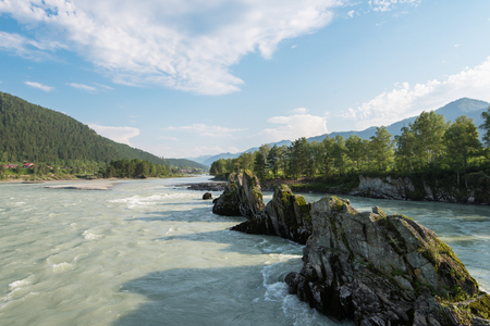 Fast mountain river Katun in Altay, Siberia, Russia. A popular tourist place called the Dragons Teethの写真素材