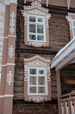 BELOKURIKHA. ALTAISKIY KRAI. WESTERN SIBERIA. RUSSIA - DECEMBER 3, 2018: old merchant house of the early 19th century (1822 year) on December 3, 2018 in Altayskiy krai, Siberia, Russia.のeditorial素材