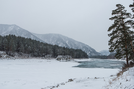 Landscape with river and mountains, Katun river on the Altai mountainsの写真素材