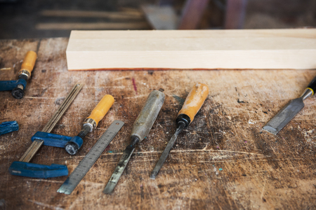 Tools for wooden work on a wooden board