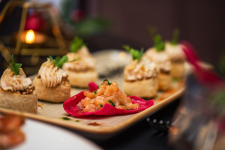 Kegs with salmon fish and cream sauce.の写真素材