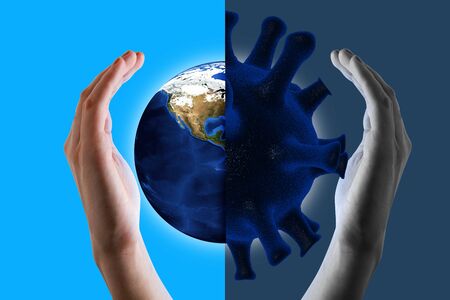 Earth and Covid-19 virus and hand. Concept of corona virus. Elements of this image furnished by NASAの写真素材