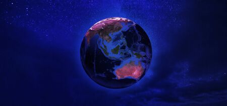 View  Earth from space  mediacal mask in neon tone. Concept  corona virus.