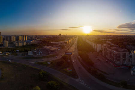 BARNAUL CITY. RUSSIA - AUGUST 11, 2019: Aerial shot of view to Barnaul city. Siberia, Russia. Summer sunny day on August 11, 2019 in Altayskiy krai, Siberia, Barnaul, Russia.のeditorial素材