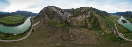 Full 360 equirectangular spherical panorama of beauty day in the mountains in Altay. Road, river and...
