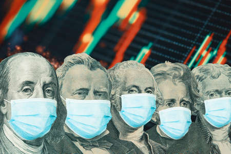 Different american presidents from dollar banknotes with a face masks on stock market background background. Concept of the global financial crisis and pandemicの写真素材