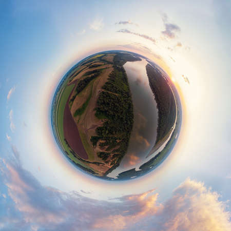 360 spherical panorama of aerial top vew of river landscape in sunny summer evening. Top view of...