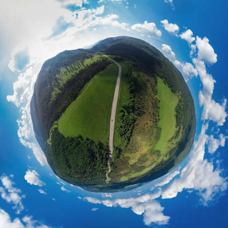 360 spherical panorama of aerial top vew of Chuysky trakt road in the Altai mountains. One of the...