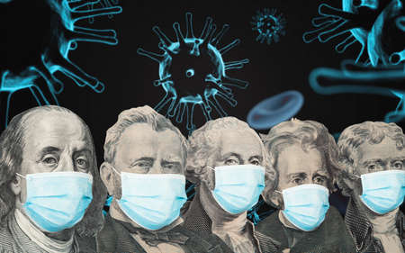 Different american presidents from dollar banknotes with a face masks on covid background. Concept...
