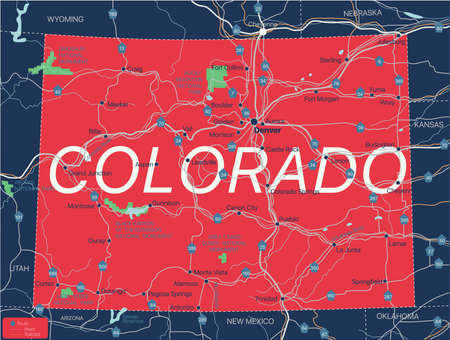 Colorado state detailed editable map with with cities and towns, geographic sites, roads, railways, interstates and U.S. highways.のイラスト素材