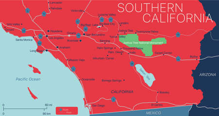 Southern California detailed editable map with with cities and towns, geographic sites, roads, railways, interstates and U.S. highways.のイラスト素材