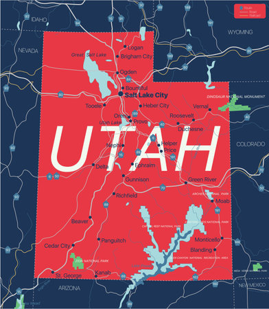 Utah state detailed editable map with cities and towns, geographic sites, roads, railways, interstates and U.S. highways.の素材 [FY310161219137]