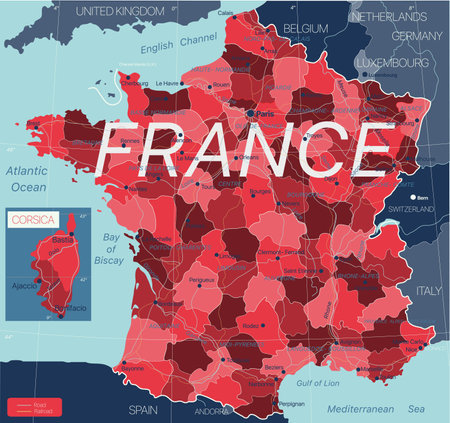 France country detailed editable map with regions cities and towns, roads and railways, geographic sites.のイラスト素材