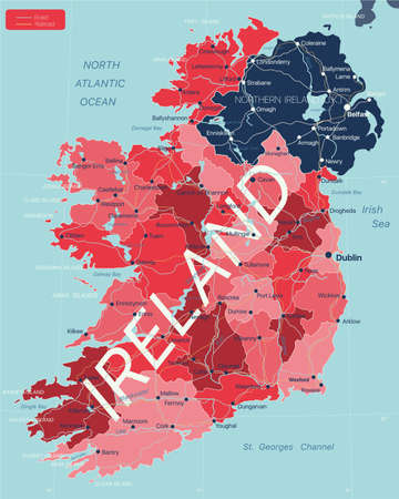 Ireland country detailed editable map with regions cities and towns, roads and railways, geographic sites.のイラスト素材