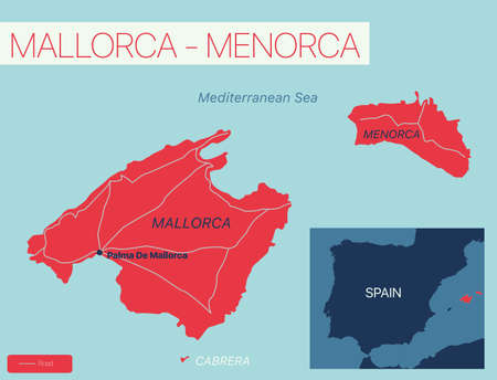 Mallorca-Menorca islands detailed editable map with regions cities and towns, roads and railways, geographic sites.のイラスト素材