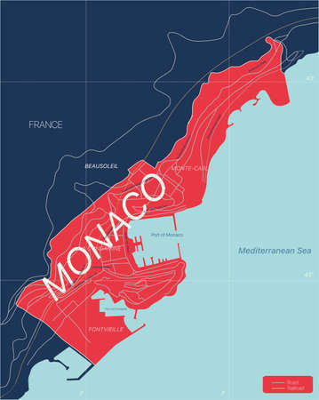 Monaco country detailed editable map with regions cities and towns, roads and railways, geographic sites.のイラスト素材