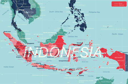 Indonesia country detailed editable map with regions cities and towns, roads and railways,...