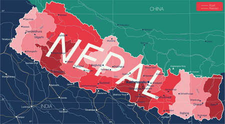 Nepal country detailed editable map with regions cities and towns, roads and railways, geographic...