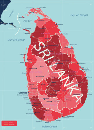 Sri Lanka detailed editable map with regions cities and towns, roads and railways, geographic sites.のイラスト素材