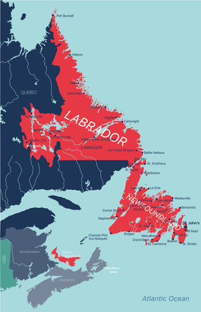 Newfoundland and Labrador province vector editable map of the Canada with capital, national borders, cities and towns, rivers and lakes.のイラスト素材