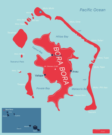 Bora Bora islands detailed editable map with regions cities and towns, roads and railways, geographic sites.のイラスト素材