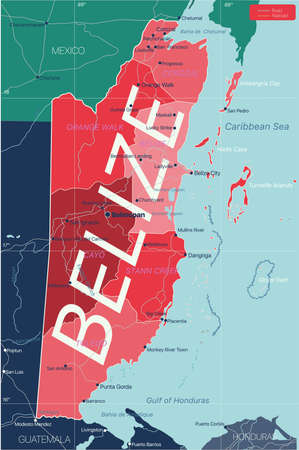Belize country detailed editable map with regions cities and towns, roads and railways, geographic sites. Vector EPS-10 fileのイラスト素材