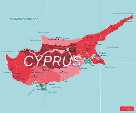 Cyprus country detailed editable map with regions cities and towns, roads and railways, geographic sites. Vector  fileのイラスト素材