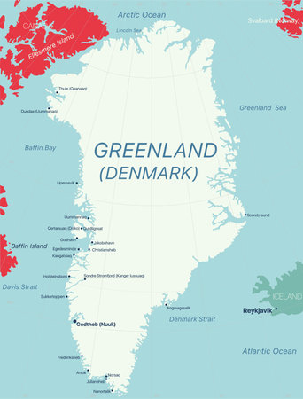 Greenland island detailed editable map with regions cities and towns, geographic sites.のイラスト素材