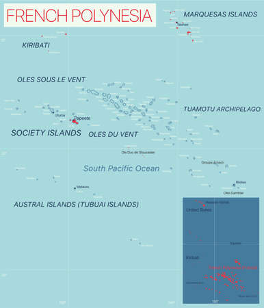 French Polynesia detailed editable map with cities and towns, geographic sites.のイラスト素材