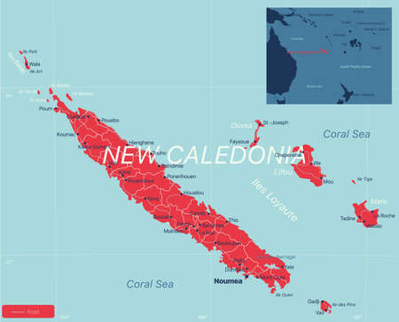 New Caledonia detailed editable map with cities and towns, geographic sites.のイラスト素材