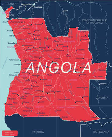 Angola country detailed editable map with regions cities and towns, roads and railways, geographic sites. Vector EPS-10 fileのイラスト素材