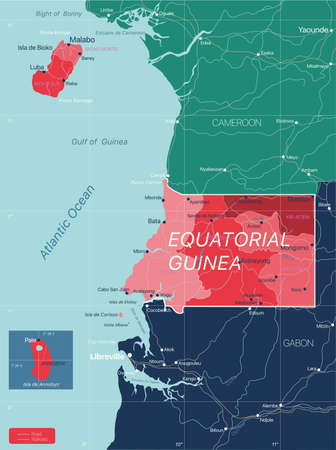 Equatorial Guinea country detailed editable map with regions cities and towns, roads and railways, geographic sites. Vector EPS-10 fileのイラスト素材