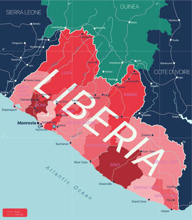 Liberia country detailed editable map with regions cities and towns, roads and railways, geographic sites. Vector EPS-10 fileのイラスト素材
