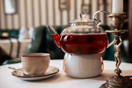 Tea set on tableの写真素材