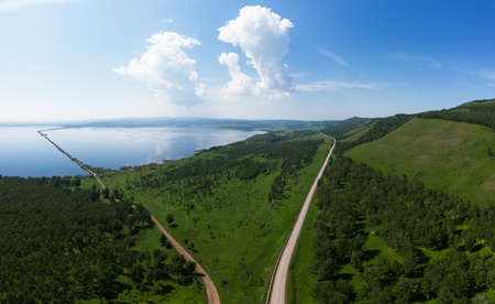 Aerial drone view of sea landscape with roadの写真素材