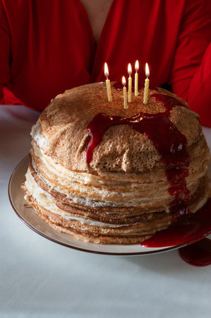 Pancakes with berries and sour creamの写真素材